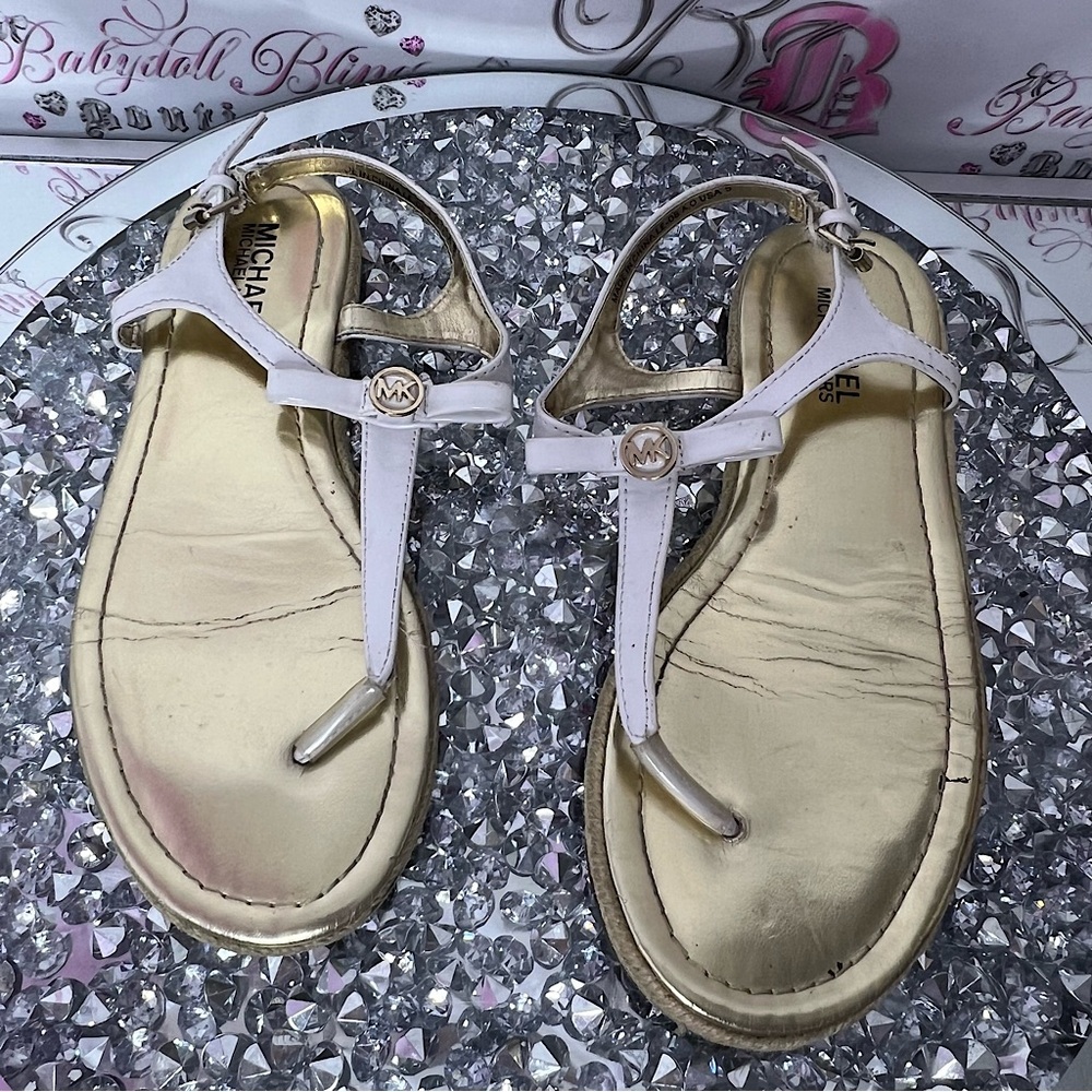 Michael Kors sandals gold charm MK logo white buckle ankle detail slip on